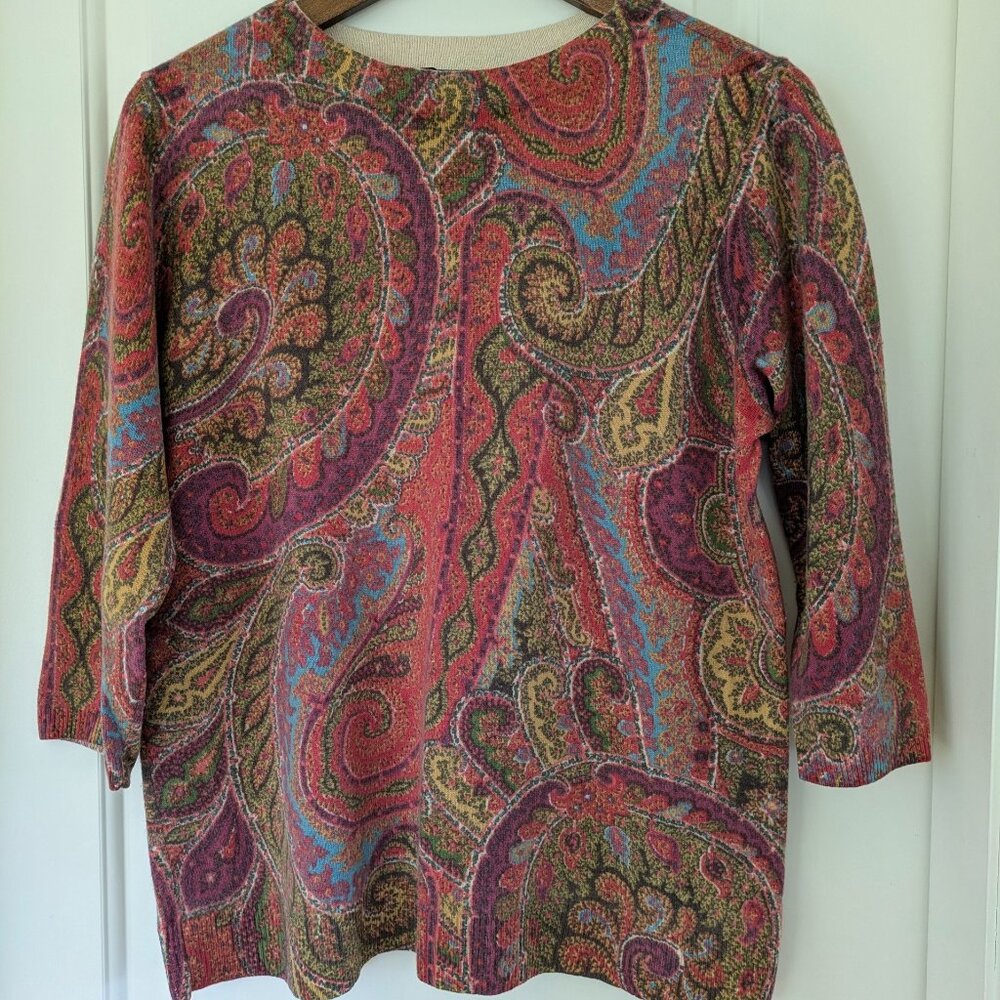 Talbots Pure Cashmere Colorful Paisley 3/4 Sleeve Sweater Size L